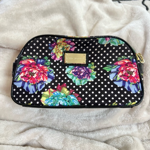 Betsey Johnson Handbags - Betsey Johnson Black Floral Polka Dot Makeup Bag- Rare Pattern